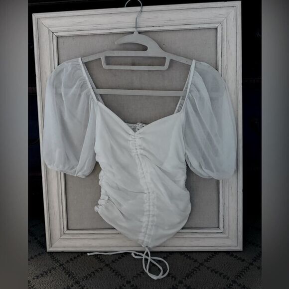 Emory Park white off the shoulder ruched bodycon top with puff sleeves S - Picture 1 of 11